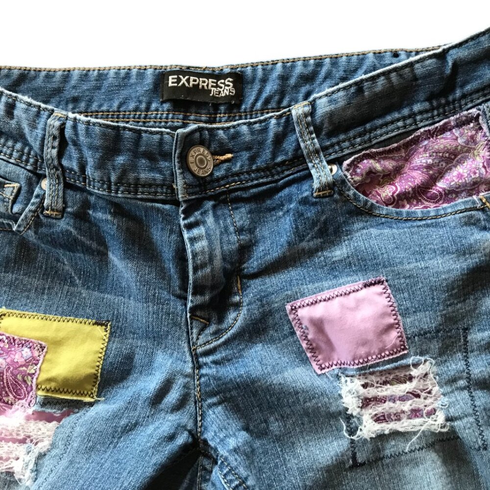 Upcycled Ripped Jean Short Cutoffs, Patchwork Distressed Junior Size 8 - Picture 5 of 11